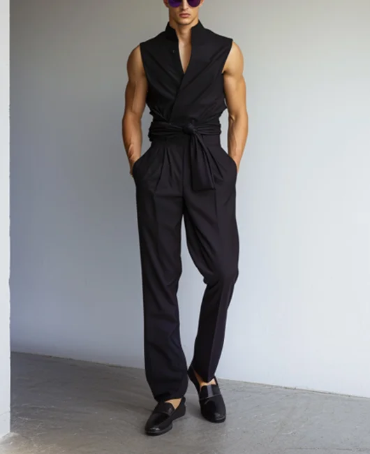 Stand Collar Sleeveless Wrap Pocket Solid Color Jumpsuit 