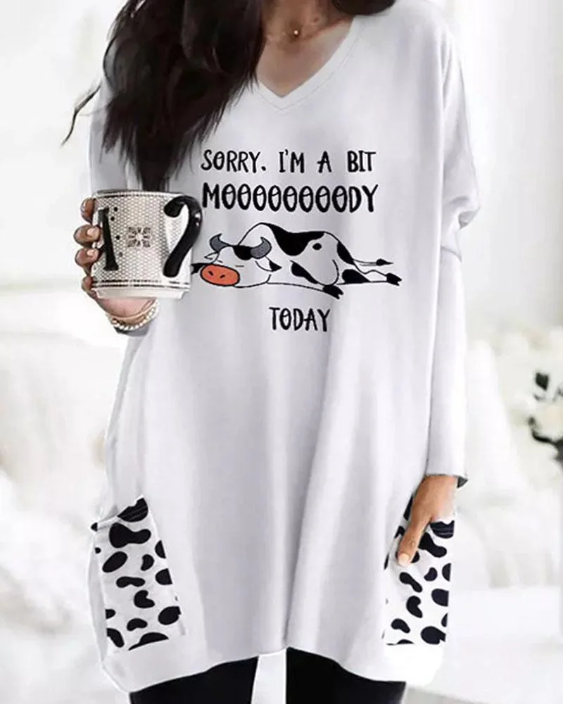 Women's Cow Letter Print V Neck Long Sleeve Top With Pockets