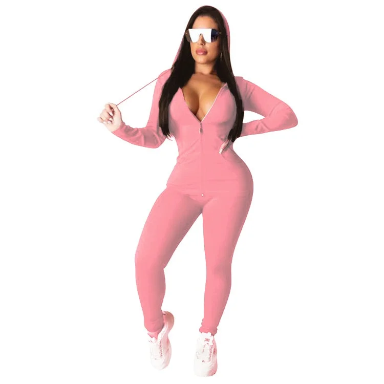 CM.YAYA Autumn Women Solid Zipper Up Long Sleeve Hooded Top Pencil Pants Suit Two Piece Set Casual Sporting Tracksuit Outfit