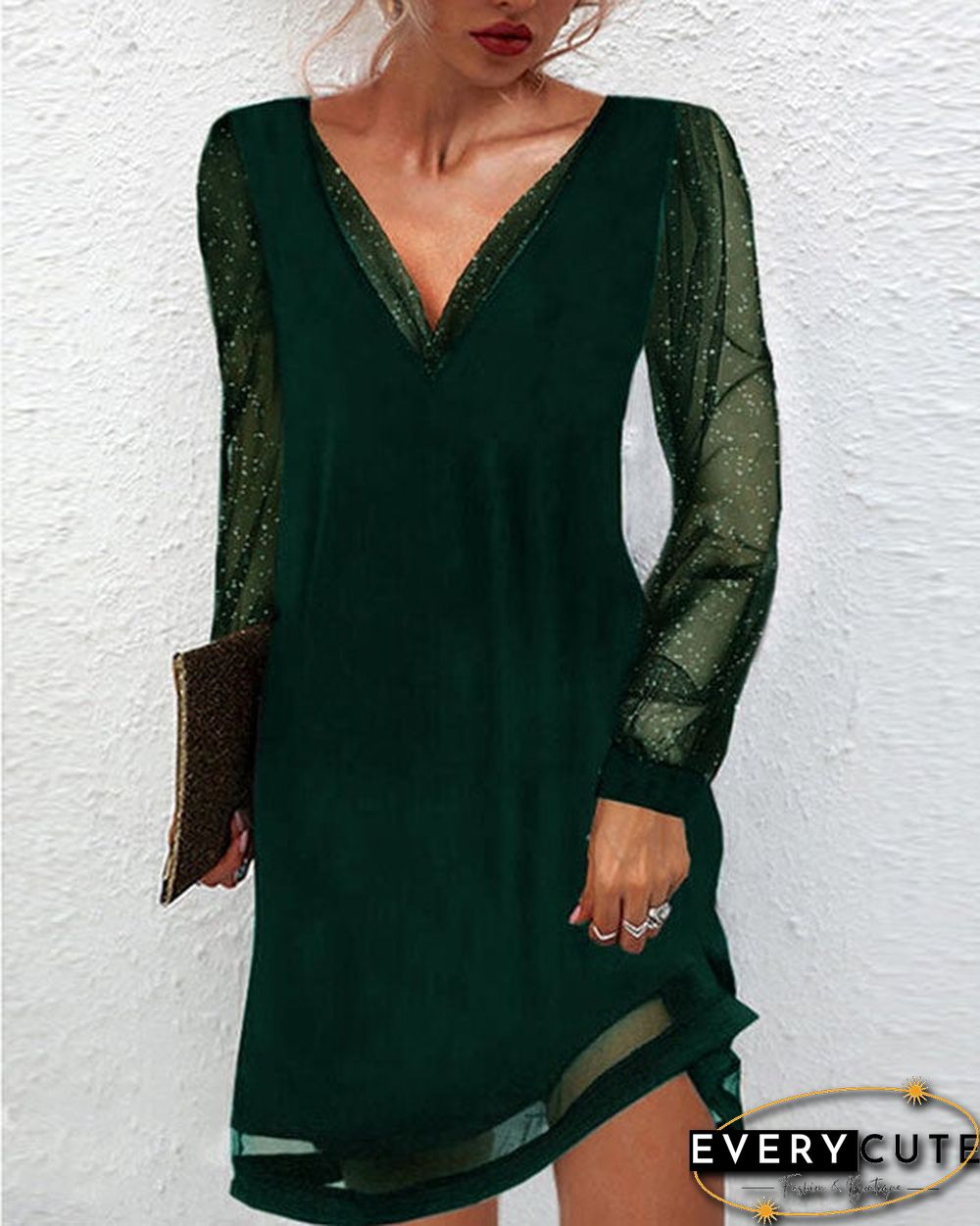 Solid Color Lace V-neck Pullover Dress