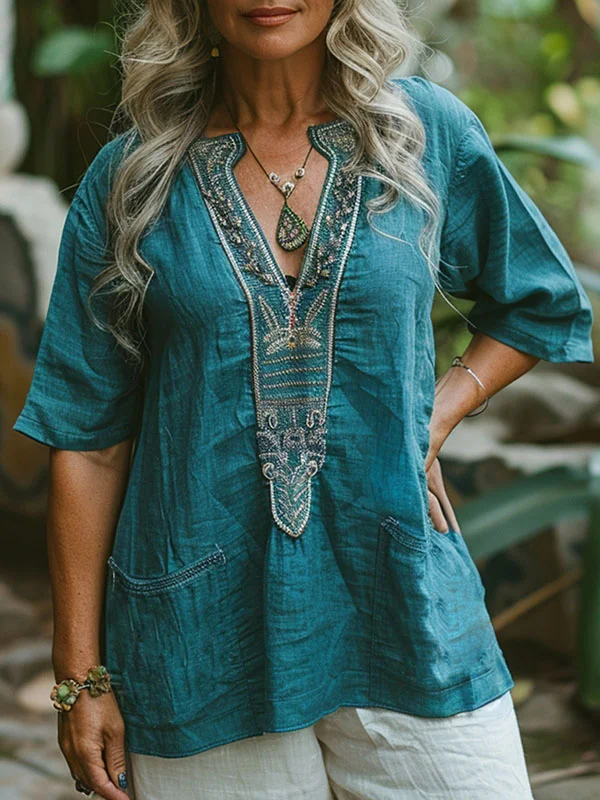 Vintage Flower Half Sleeves Blouses&Shirts Tops