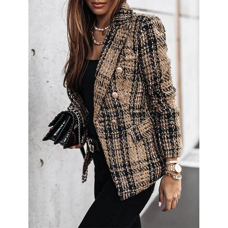 Women's Blazer Plaid Long Sleeve Coat Fall Winter Jacket Double Breasted Regular Blazer
