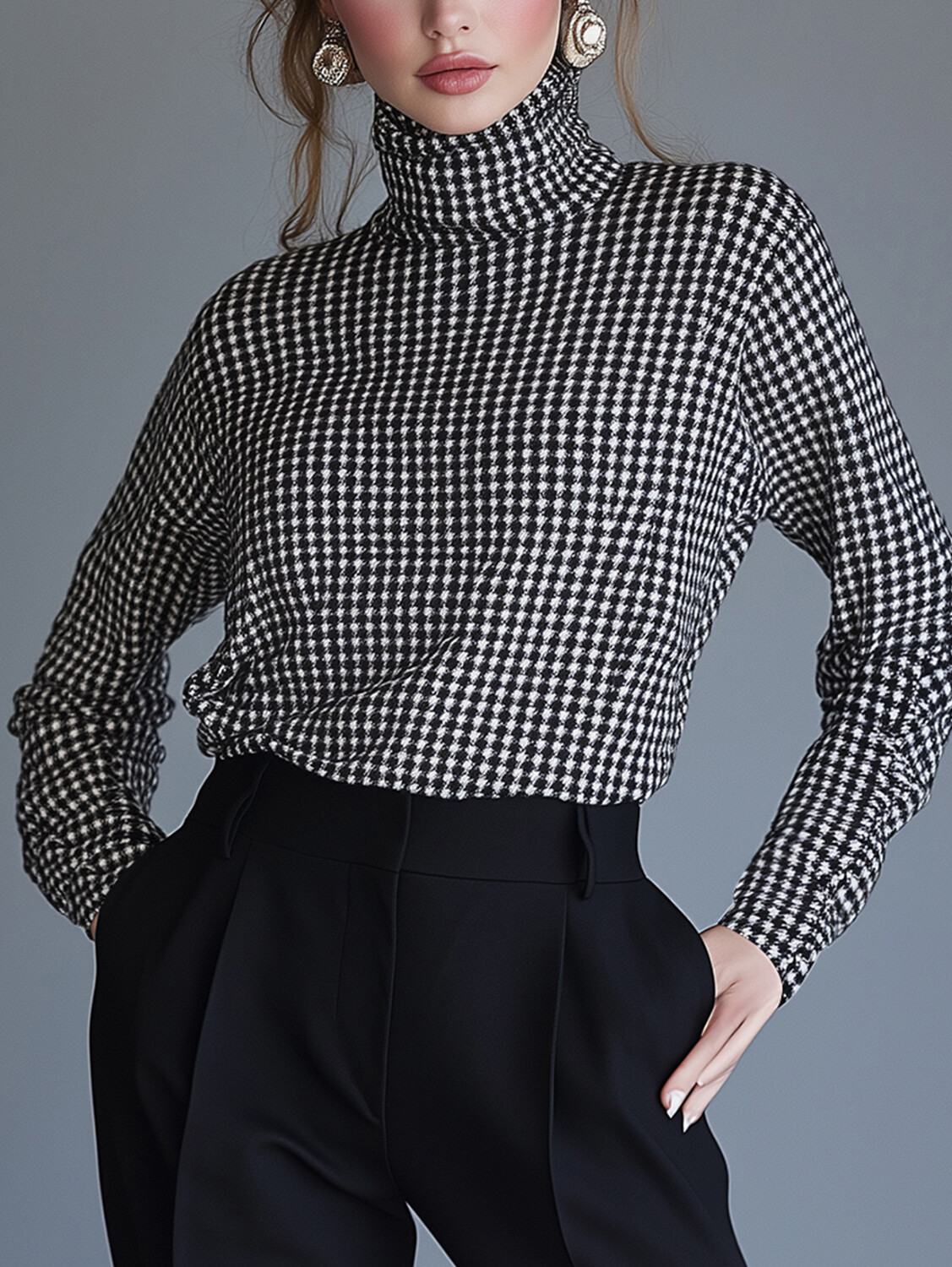 Ursime Houndstooth Pattern High Neck Long Sleeve Blouse