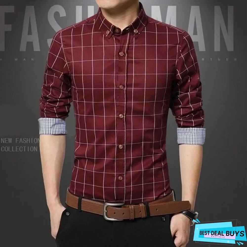 Spring/Autumn Mens Long Sleeve Plaid Cotton Shirts