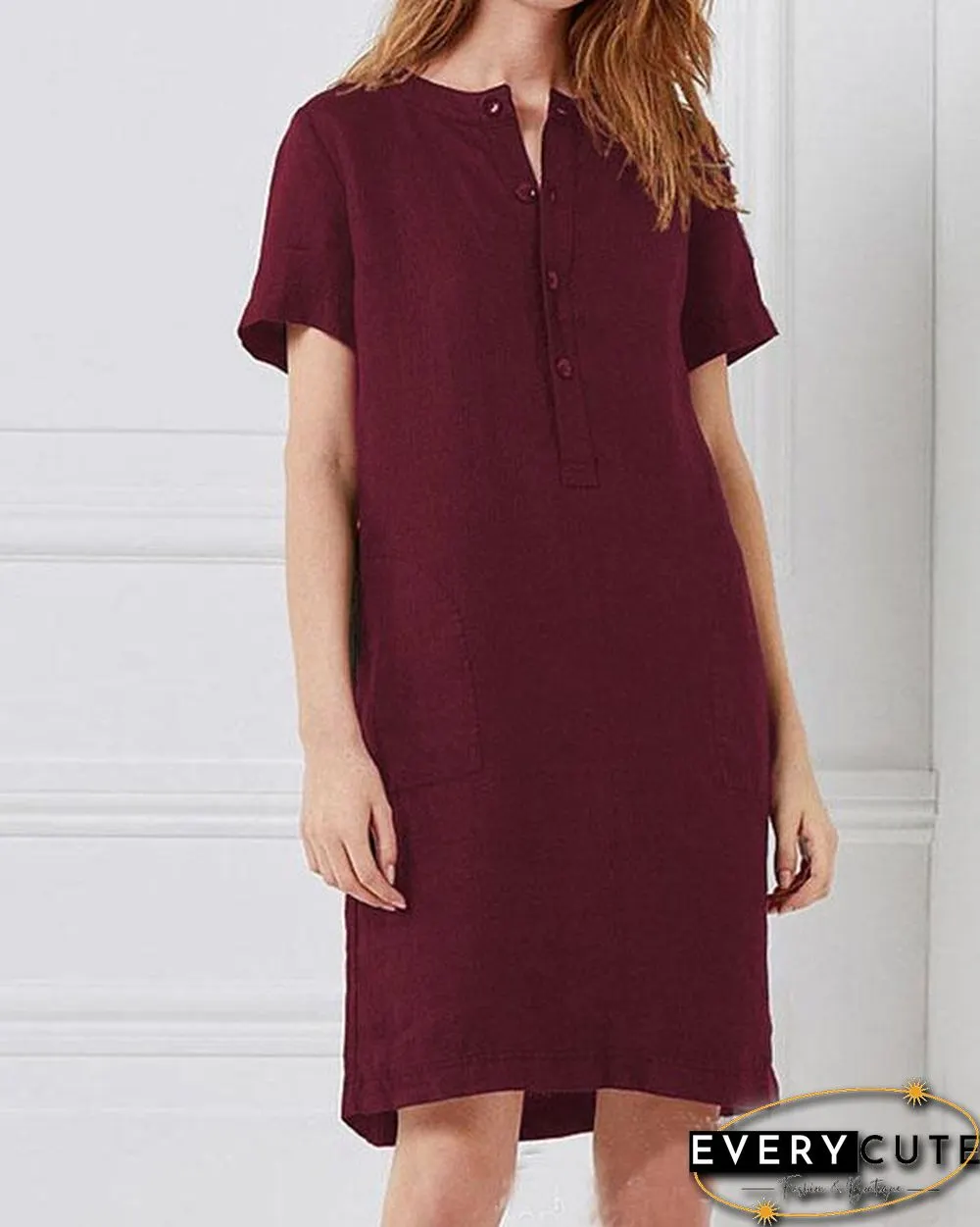 Short Sleeve Button Linen Dresses