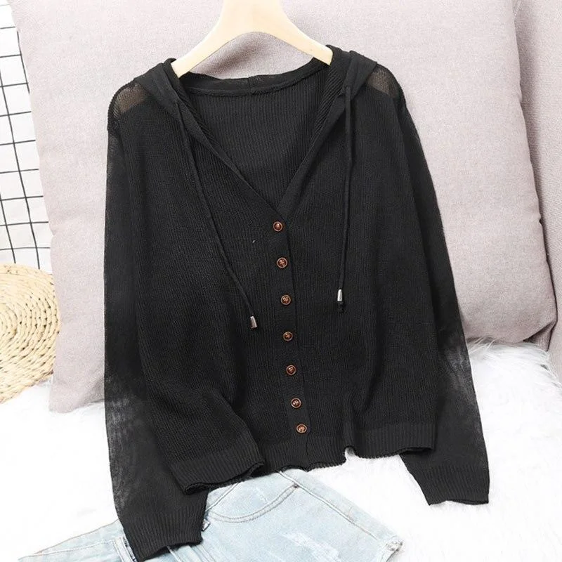 Women Knitted Sweater Cardigan Summer Autumn Long sleeve V-neck Ice Silk knit Hooded Thin Coat Outerwear Sun Protection Clothing