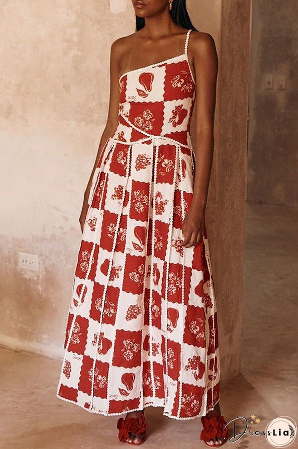 Kyoho Linen Blend Ric Rac Trims Unique Print One Shoulder Flared Maxi Dress