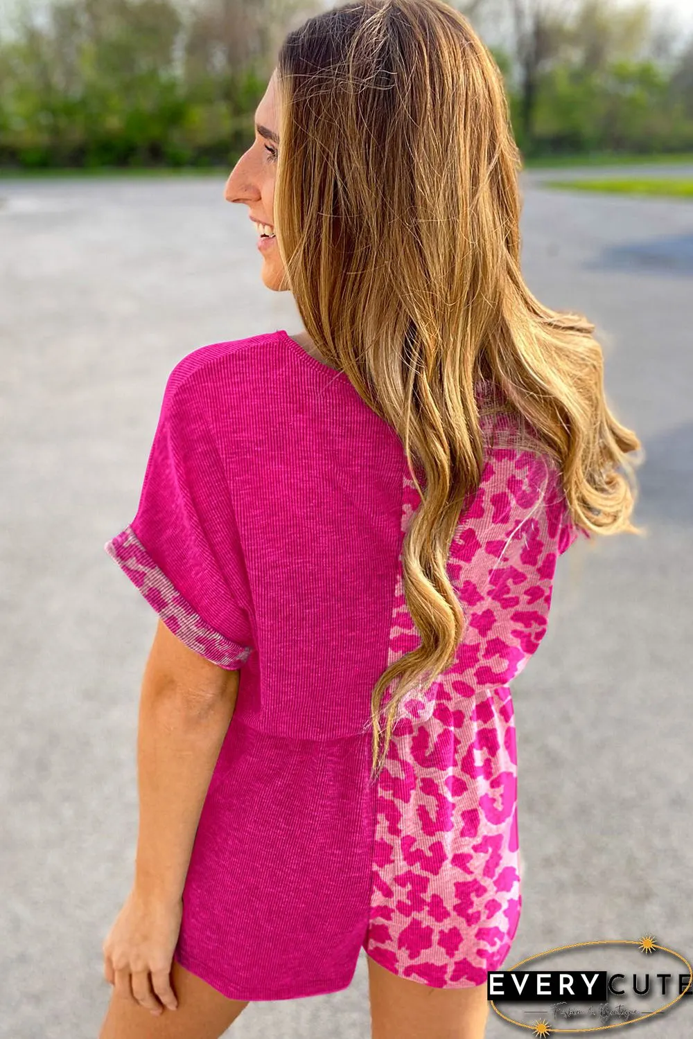 Pink Half Leopard Print Drawstring Knit Romper