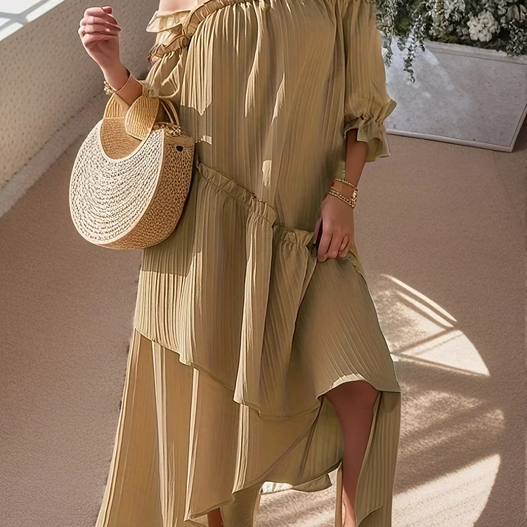 Lettuce Trim Asymmetrical Dress, Casual Solid Off Shoulder Textured Dress, Women's Clothing