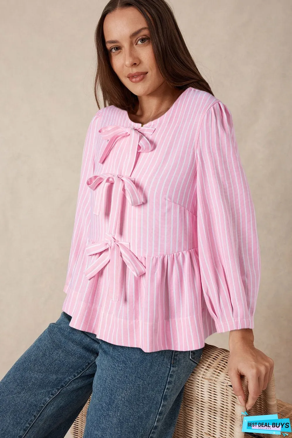 Pink Stripe Bowknot Front Crew Neck Puff Sleeve Blouse