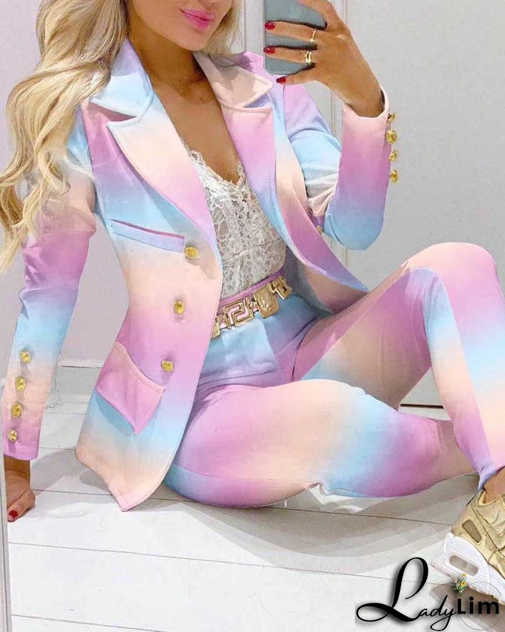 Fall Casual Fashion Suits Women's Print Blazer and pants two piece set