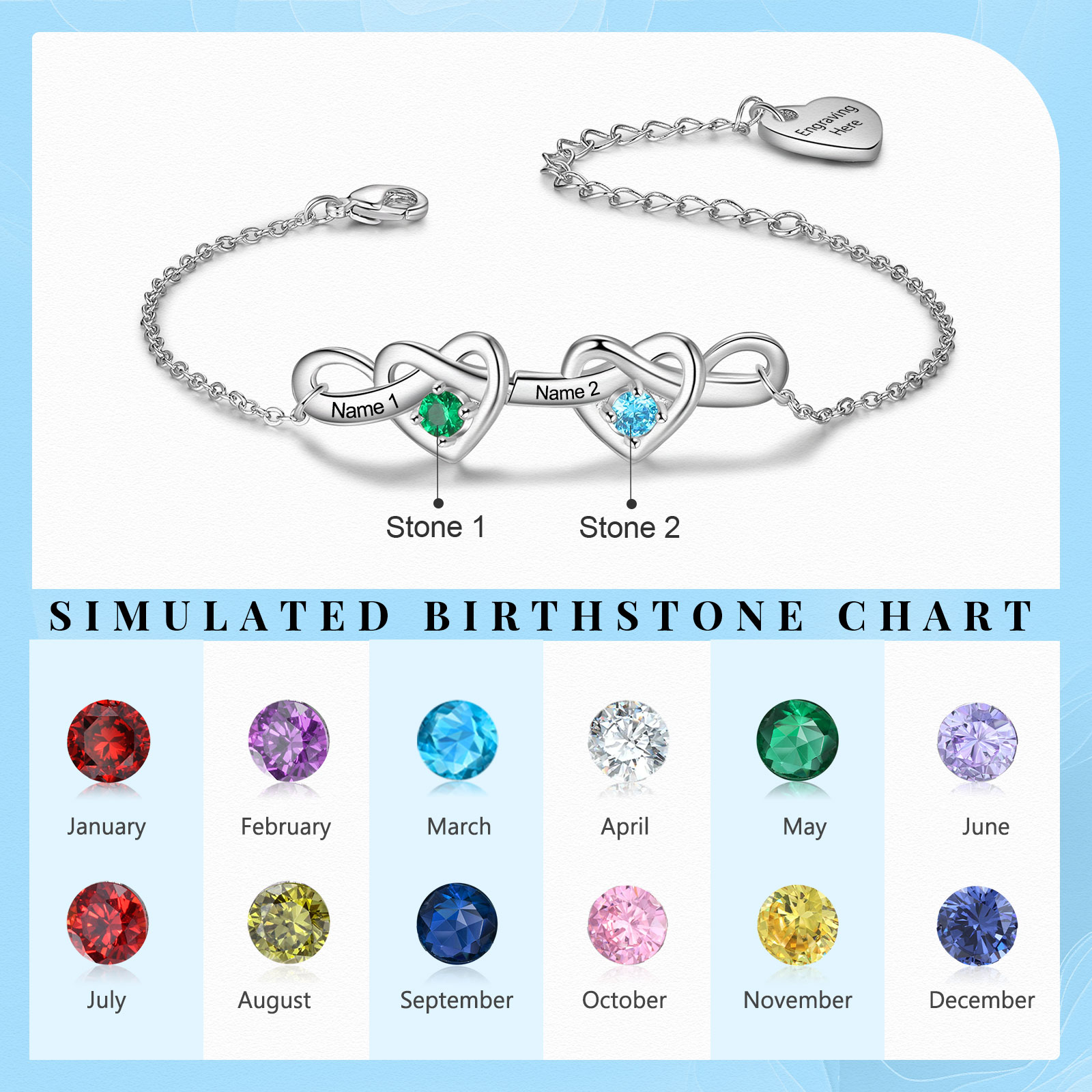 2 Names - Personalized Linked Heart Bracelet Custom 2 Birthstones Engraved Text Bracelets