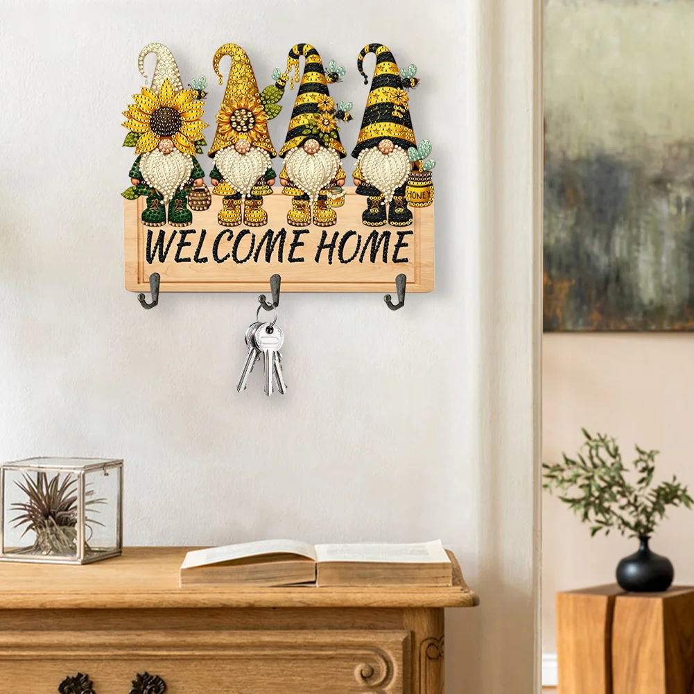 DIY Bee Gnome Wooden Special Shape 3 Hooks No Punch Diamond Painting Hook Rail