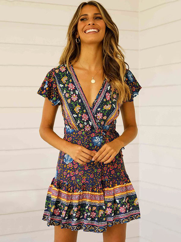 Short-sleeves V-neck Floral Beach Mini Dresses