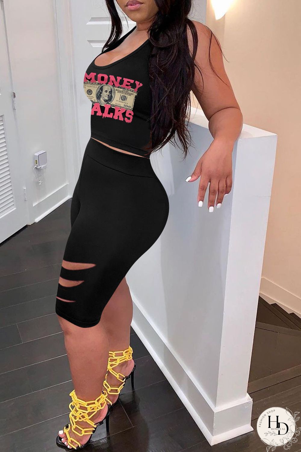 Black Casual Print Ripped U Neck Sleeveless Two Pieces