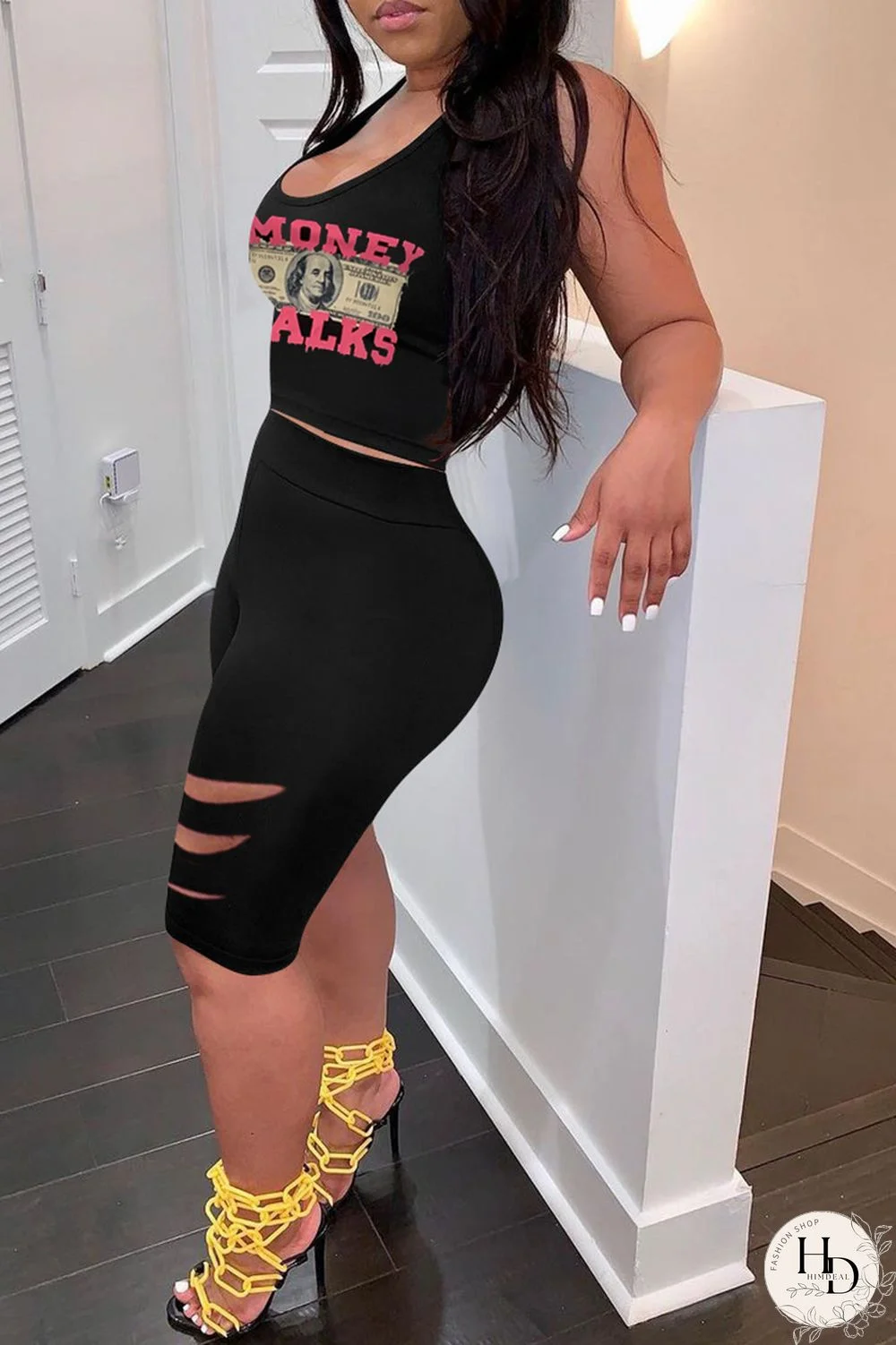 Black Casual Print Ripped U Neck Sleeveless Two Pieces