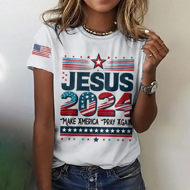 VChics Vintage Make America Pray Again Jesus 2024 Spirit Print Round Neck Casual T-Shirt