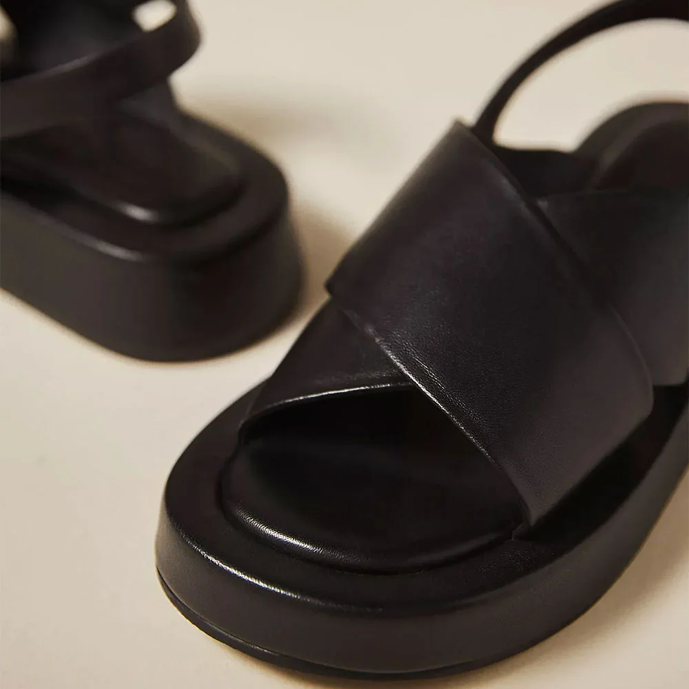 Round Toe Wedge Heel Black Cross Strap Platform Sandals for Women