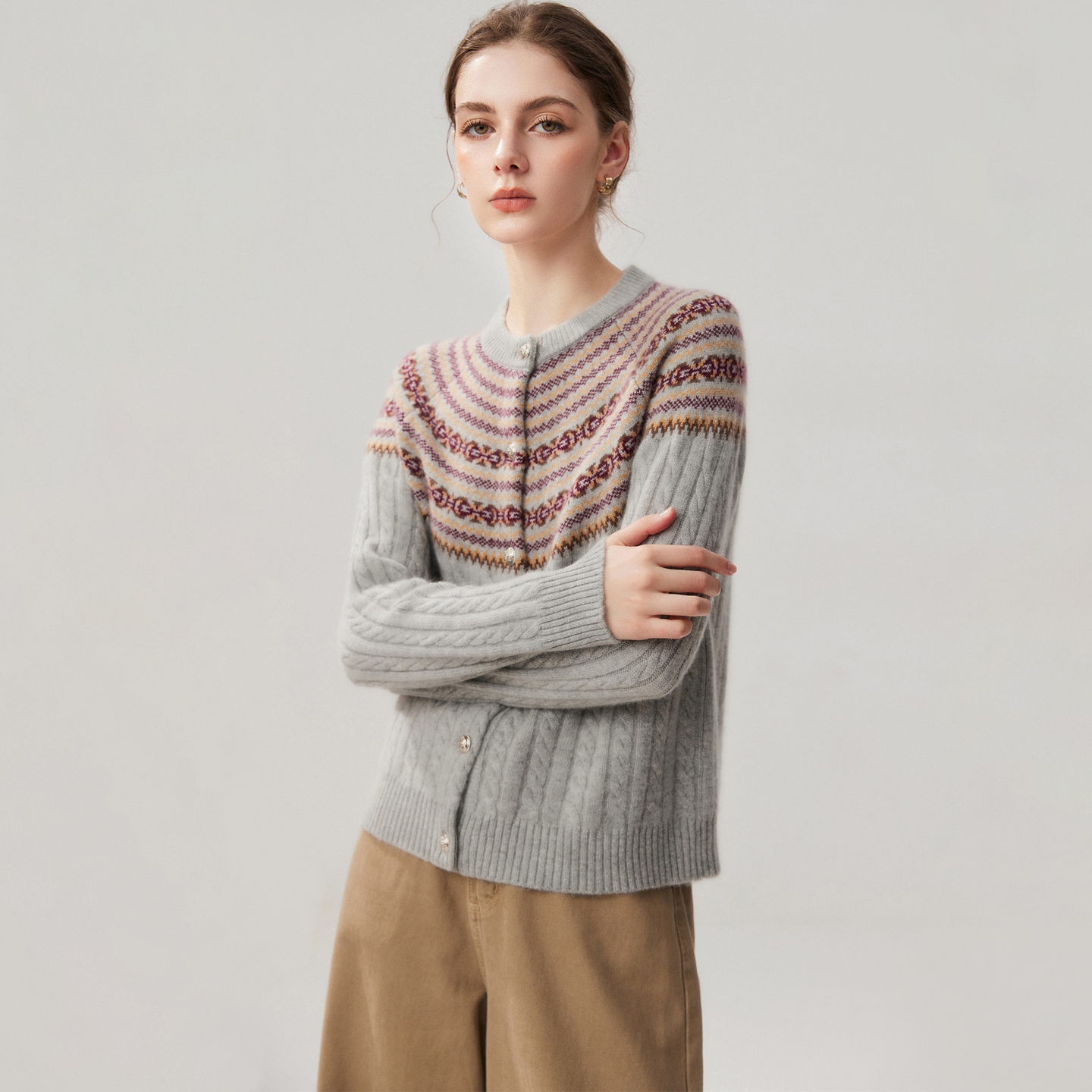 Women's Baby Cashmere Cardigan Regular Fit Fair-Isle Yoke Crew Neck REAL SILK LIFE