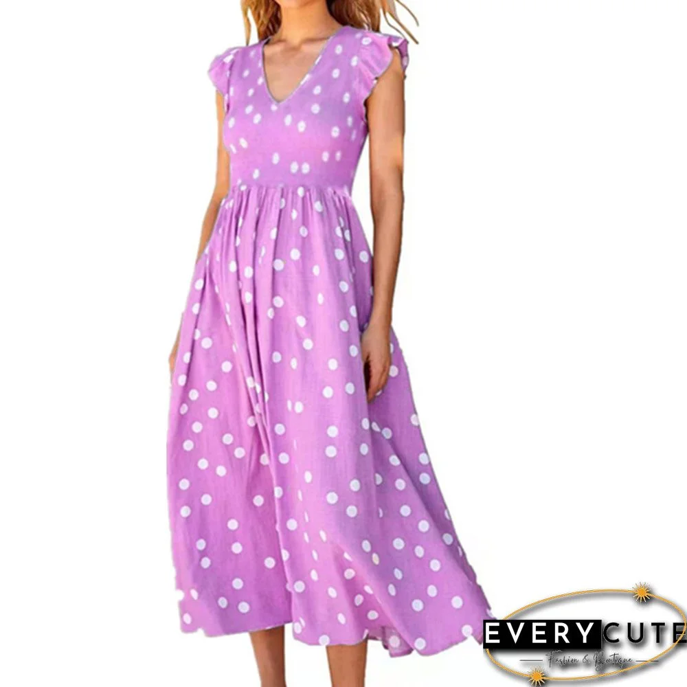 V-neck Waist Polka Dot Printed Dress