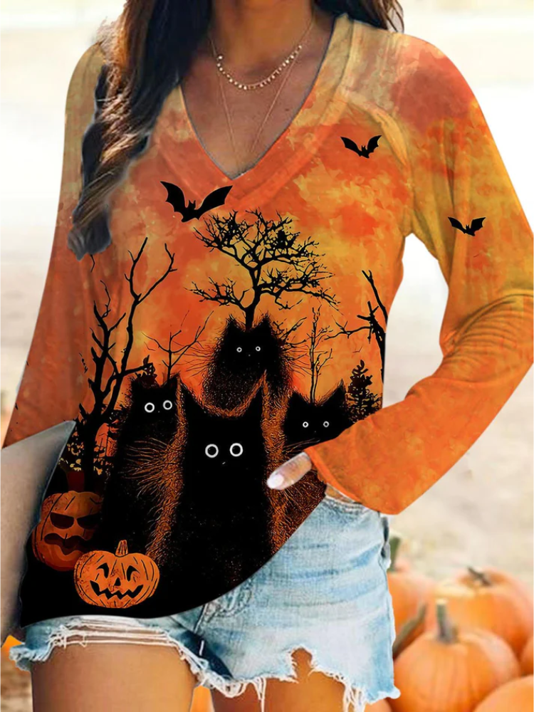 Women's Black Cat Halloween Print V-Neck Long Sleeve T-Shirt socialshop