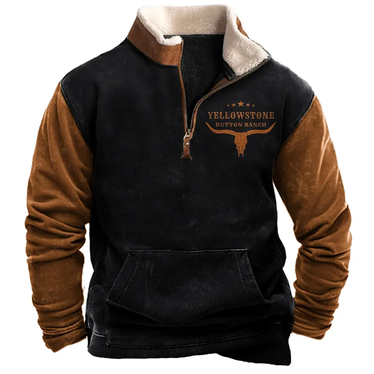 Men's Vintage Western Yellowstone Colorblock Zipper Stand Collar Sweatshirt 598d