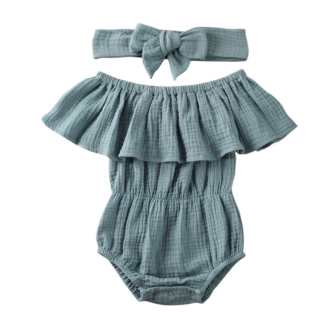 2020 Baby Summer Clothing Newborn Baby Girl Ruffles Sleeve Jumpsuit Classic Solid Color Off-shoulder Triangle Jumpsuit Headband