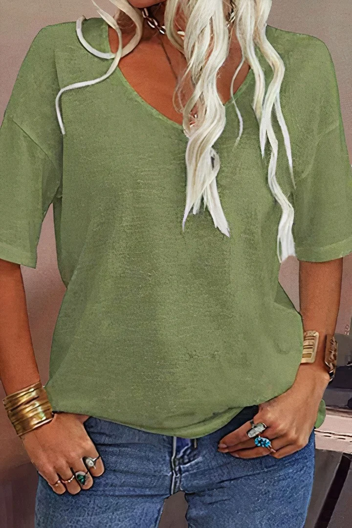 Solid Drop Shoulder V Neck T-Shirt