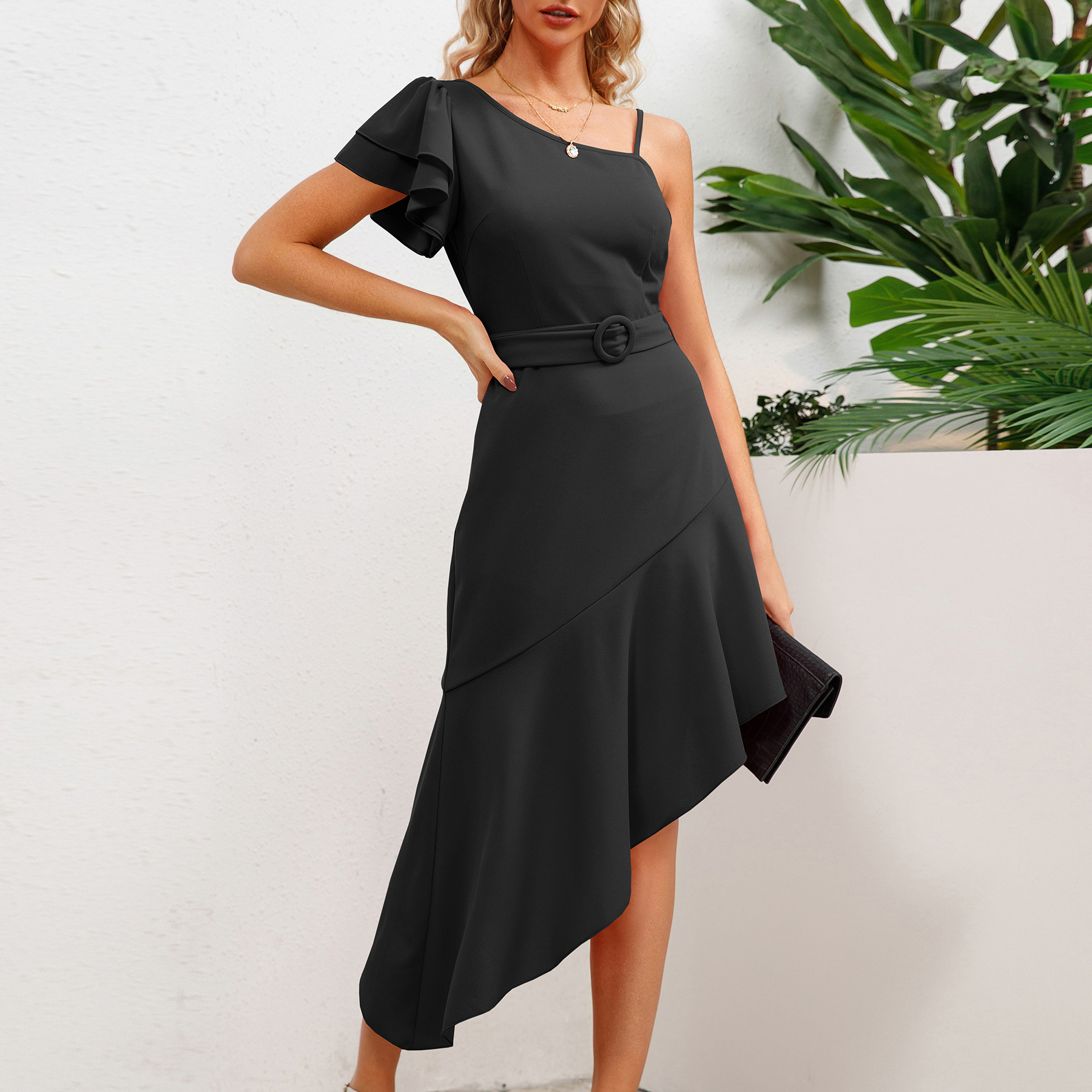 Mature Women Summer High Waist Irregular Hem Beach Dress