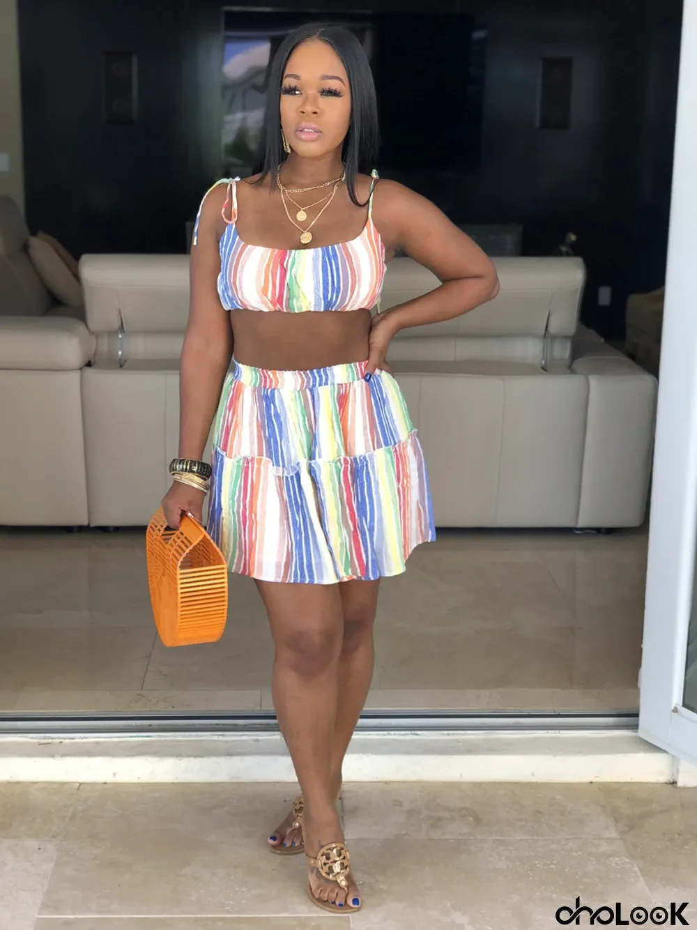 Colored Stripe Straps Two Pieces Mini Skirt Sets