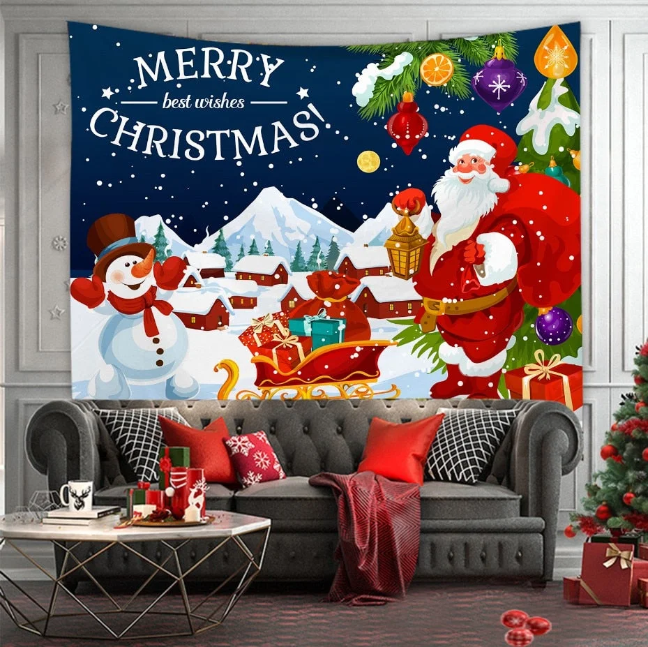 Christmas Tree Print Tapestry Wall Hanging Background Cloth Decor Red Santa Claus Polyester Tapestry Home Room Wall Decoration