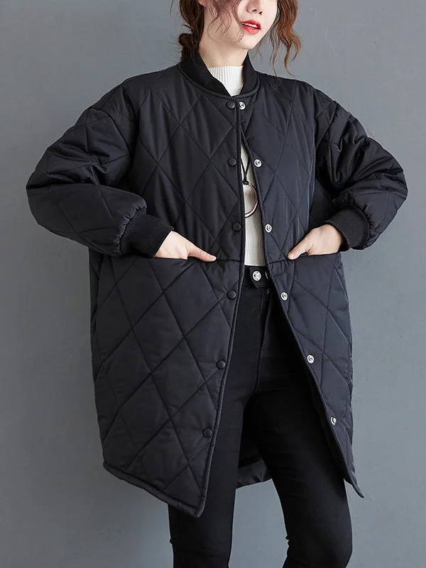 Minimalist Roomy Long Sleeves Buttoned Keep Warm Pure Color Stand Collar Padded Coat/Down Coat
