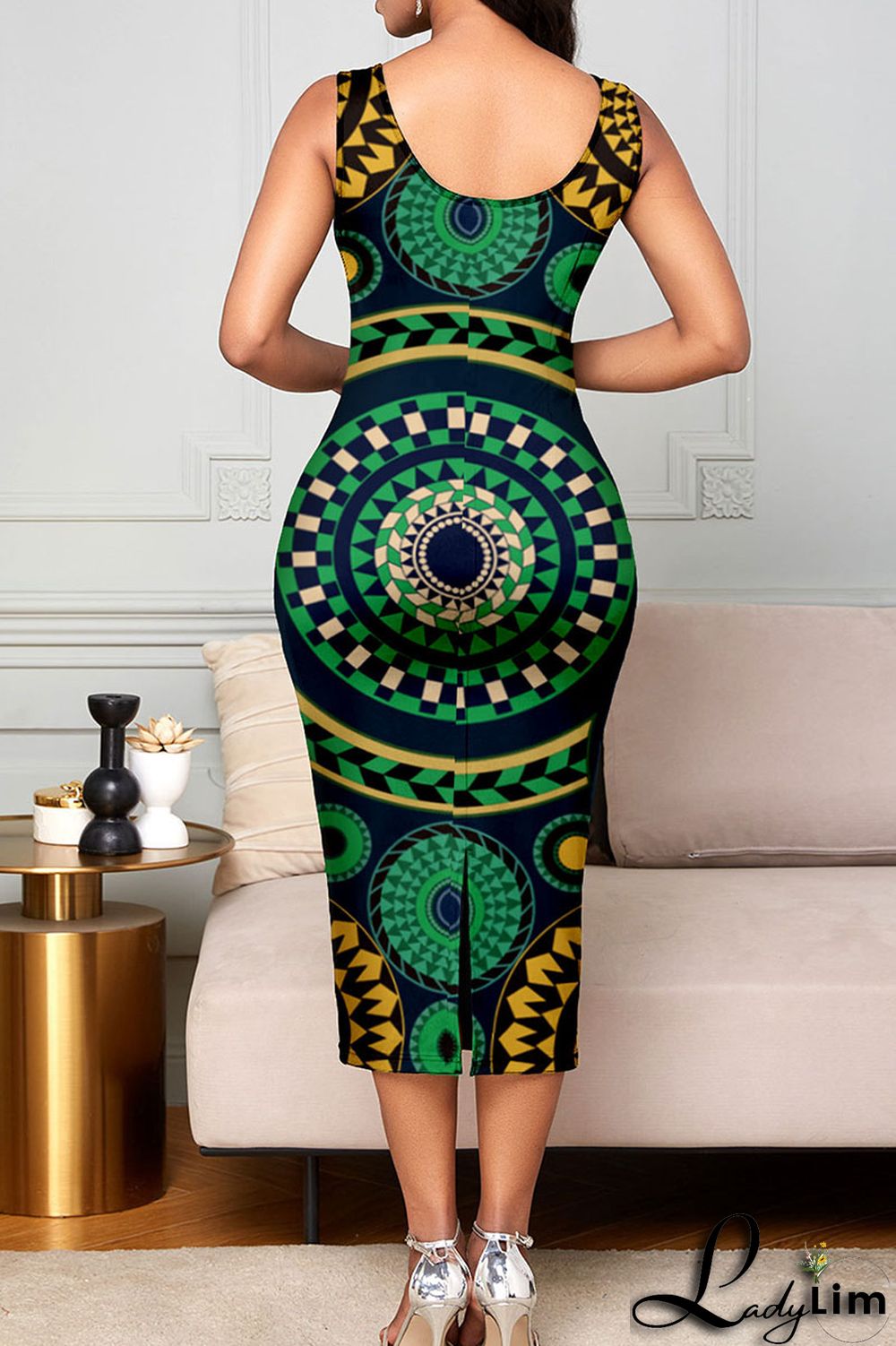 Green Elegant Print Patchwork U Neck One Step Skirt Dresses