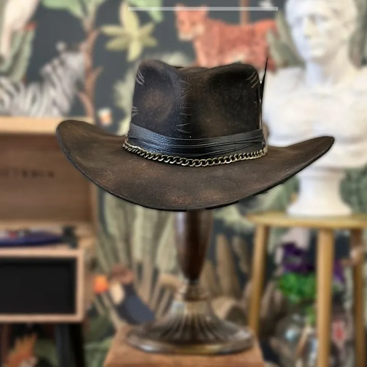 Midnight Maverick Fedora with Leather Curved Brim Conical  display picture 3