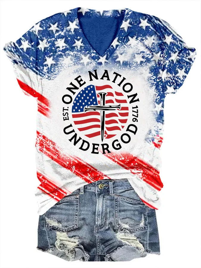 Women's Independence Day One Nation Under God Print V-Neck Casual T-Shirt socialshop