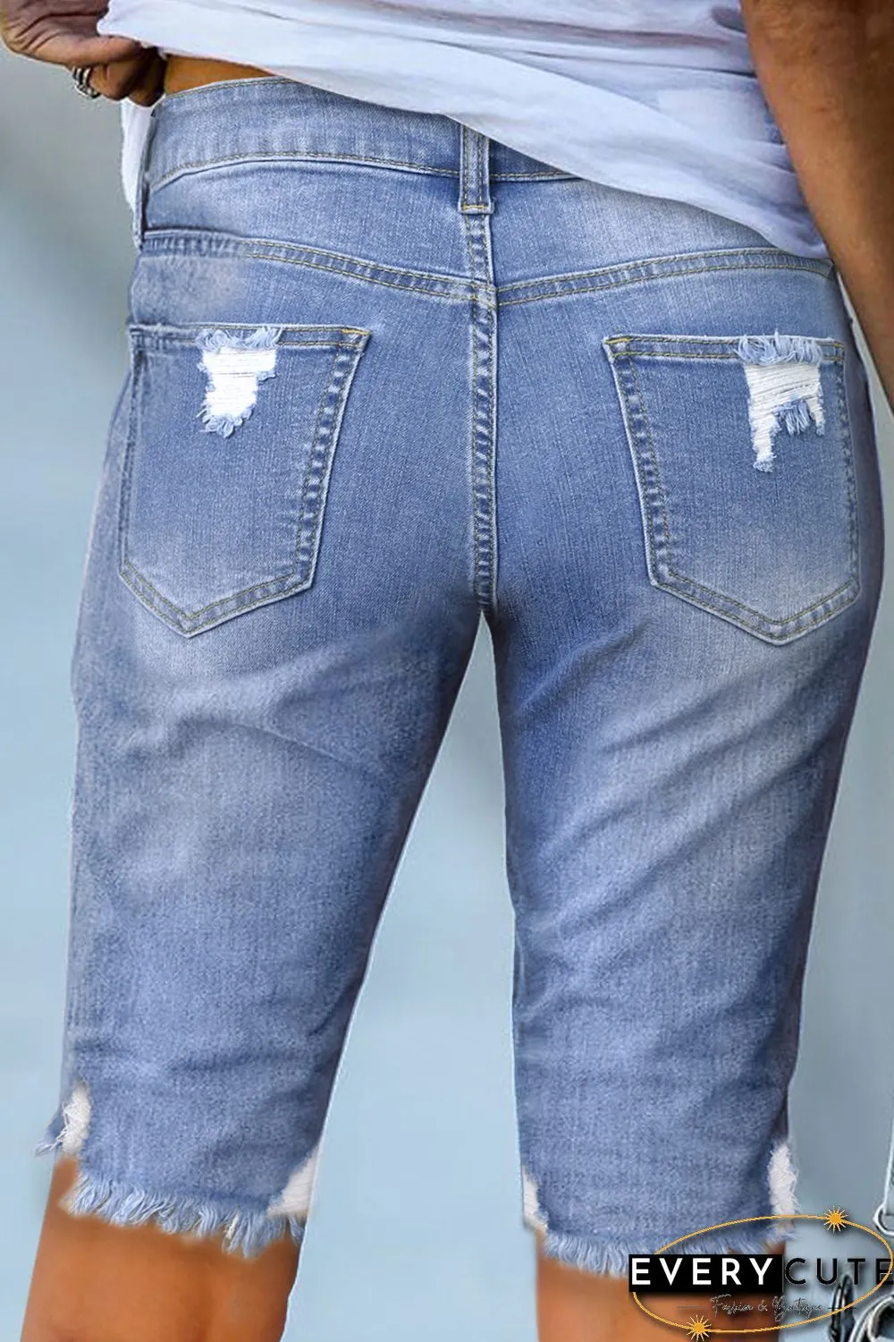 Sky Blue Ripped Tassel Bermuda Jean Shorts