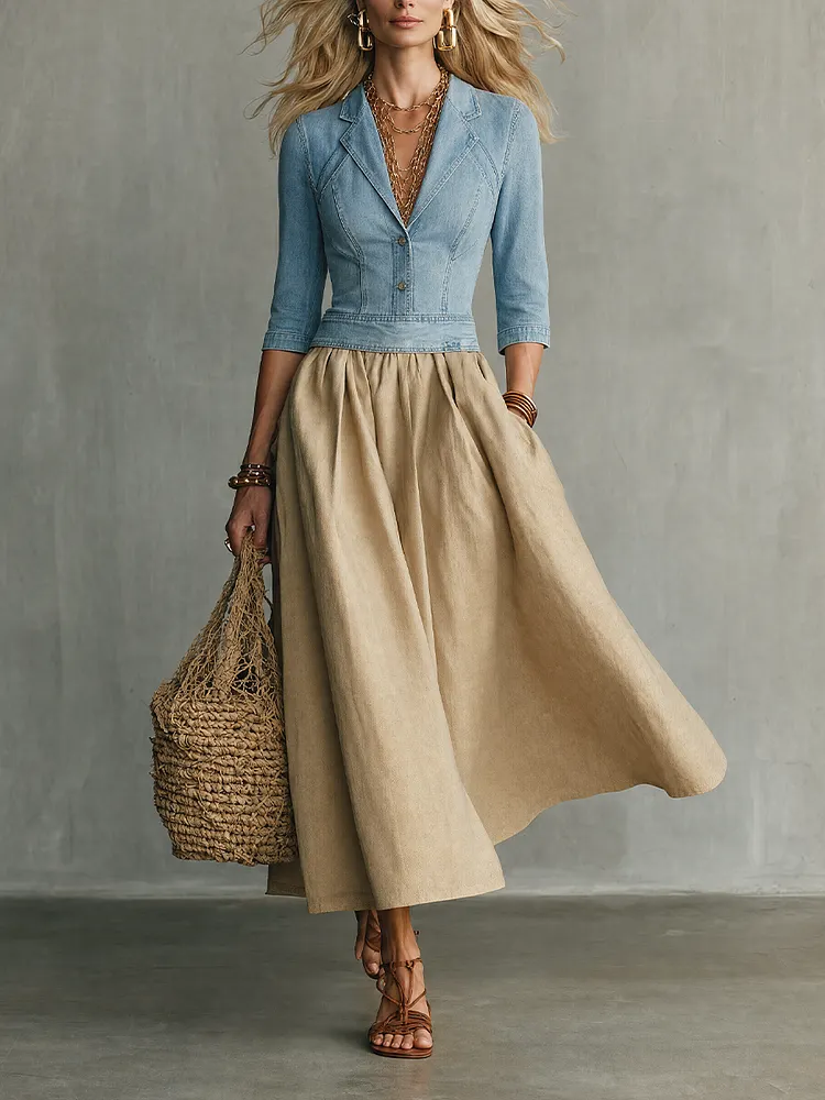 Modern Boho Lapel Denim Top & Linen Skirt Dress