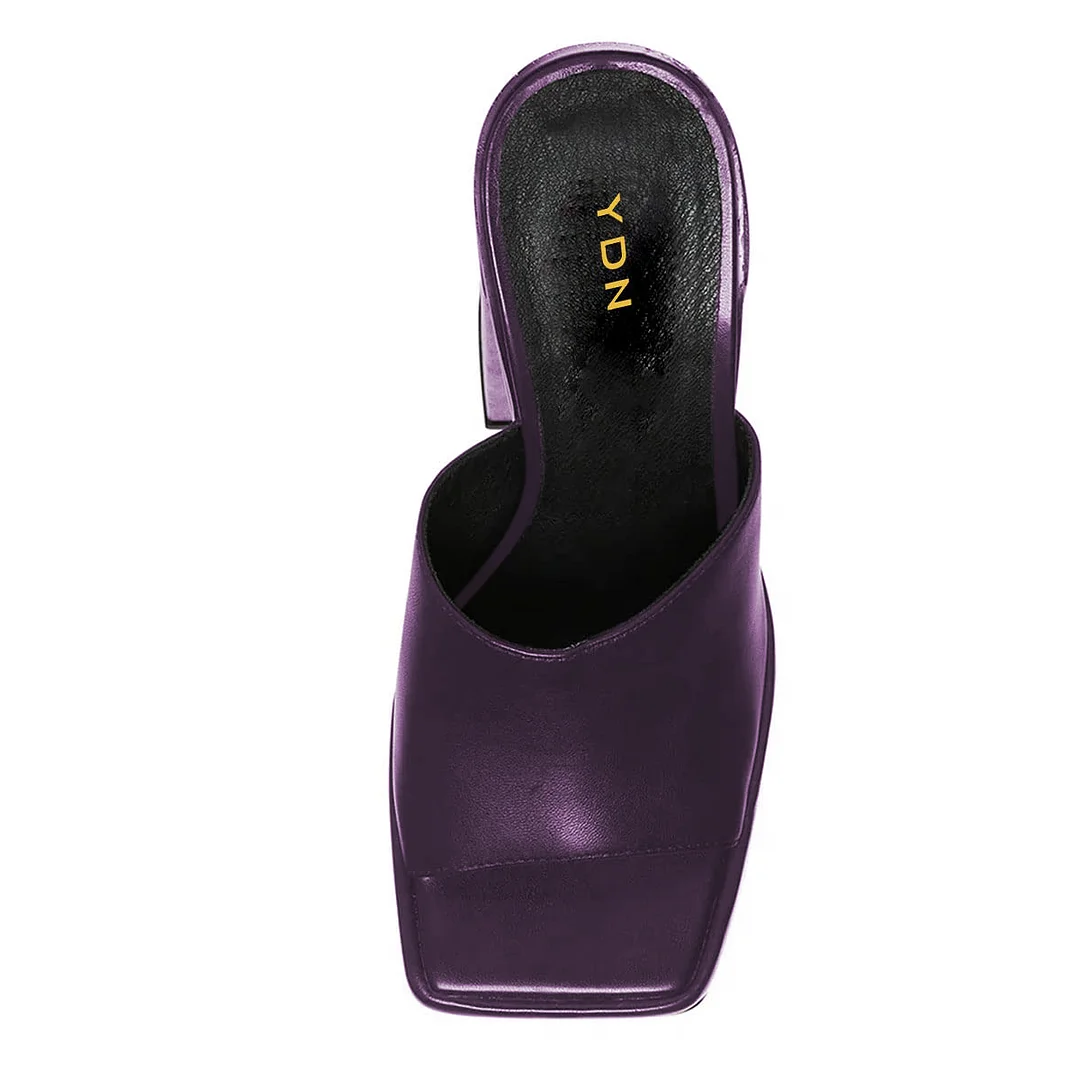 Vegan Leather Wide Band Platform Block Heel Mules in Purple 