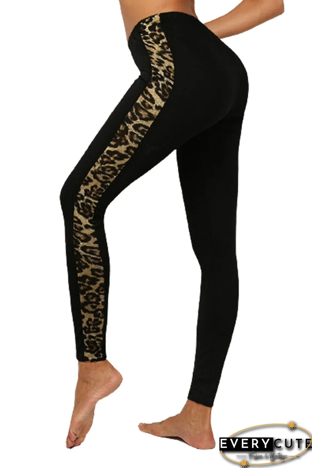 Black Leopard Splicing Mid Waist Stretchy Skinny Pants