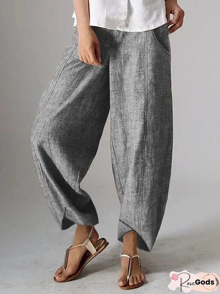 Pockets Natural Casual Plain Linen Pants