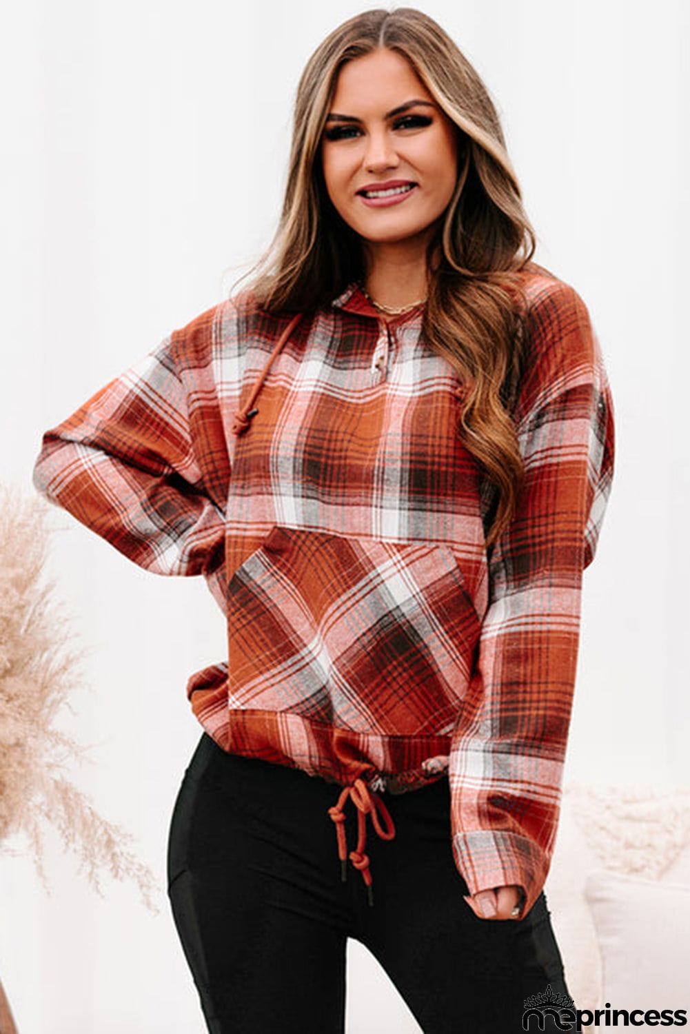 Plaid Print Pocketed Hoodie