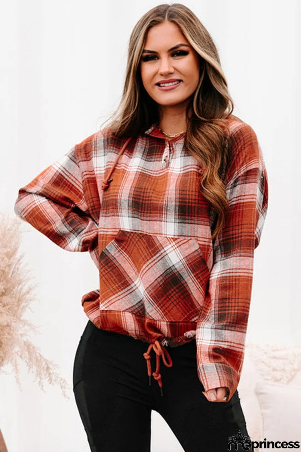 Plaid Print Pocketed Hoodie