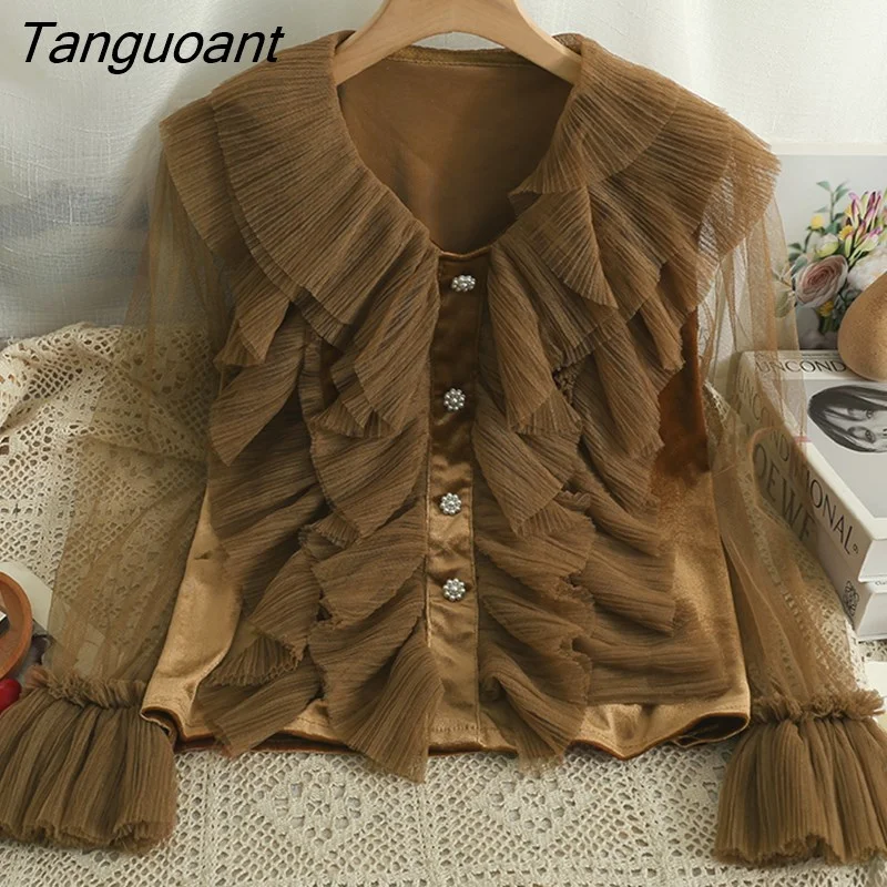 Tanguoant Style Vintage Velvet Blouse Women Elegant Ruffles Mesh Shirt Autumn Office Ladies Button Long Sleeve Oversized Shirt Tops