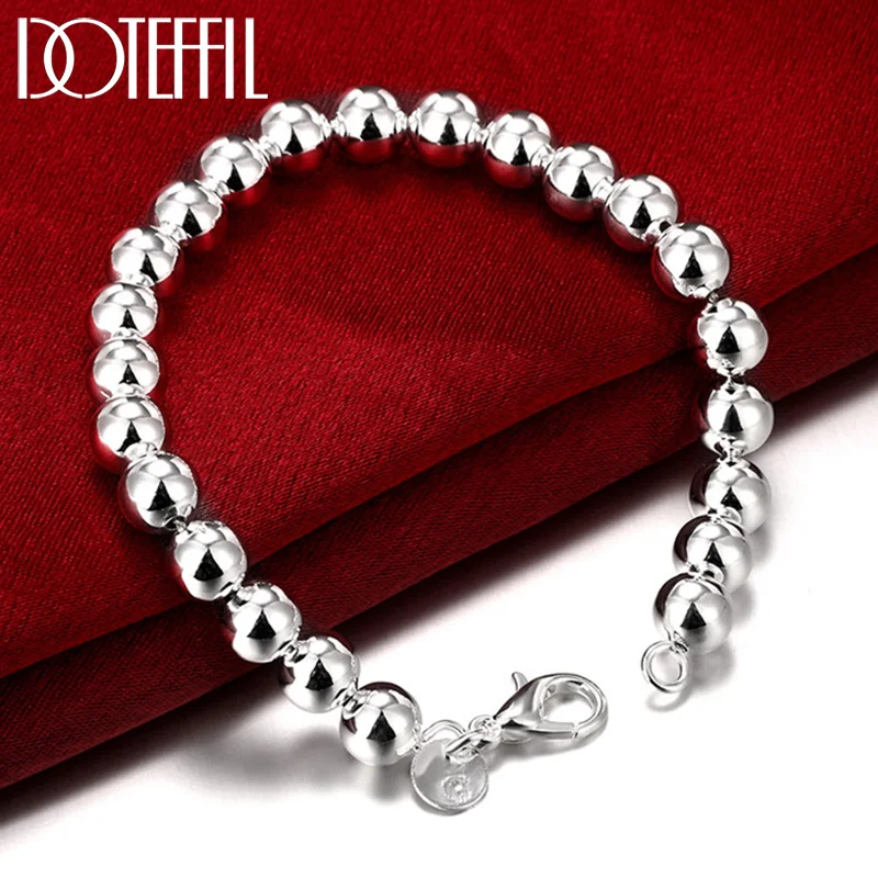 DOTEFFIL 925 Sterling Silver Smooth 8mm Hollow Beads Chain Bracelet For Woman Jewelry