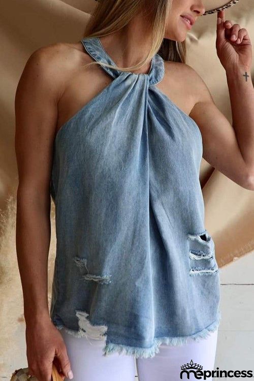 Ripped Raw Edge Halter Neck Top