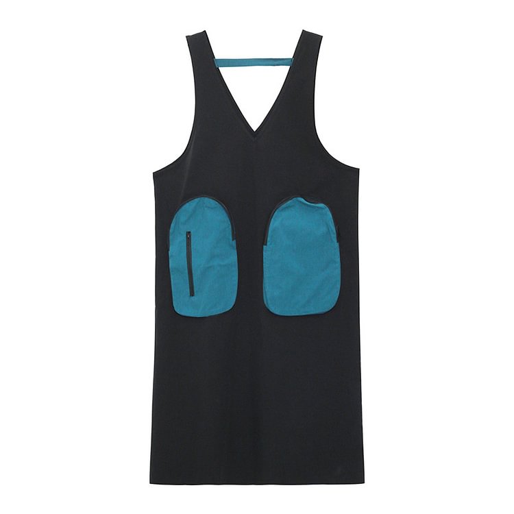 Street Loose V-neck Zipper Pockets Patchwork Sleeveless Dress      