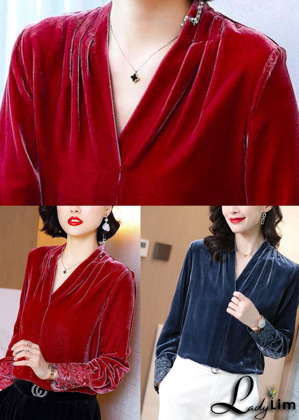 Grey Blue Silk Velour Shirt V Neck Solid Hollow Out Long Sleeve