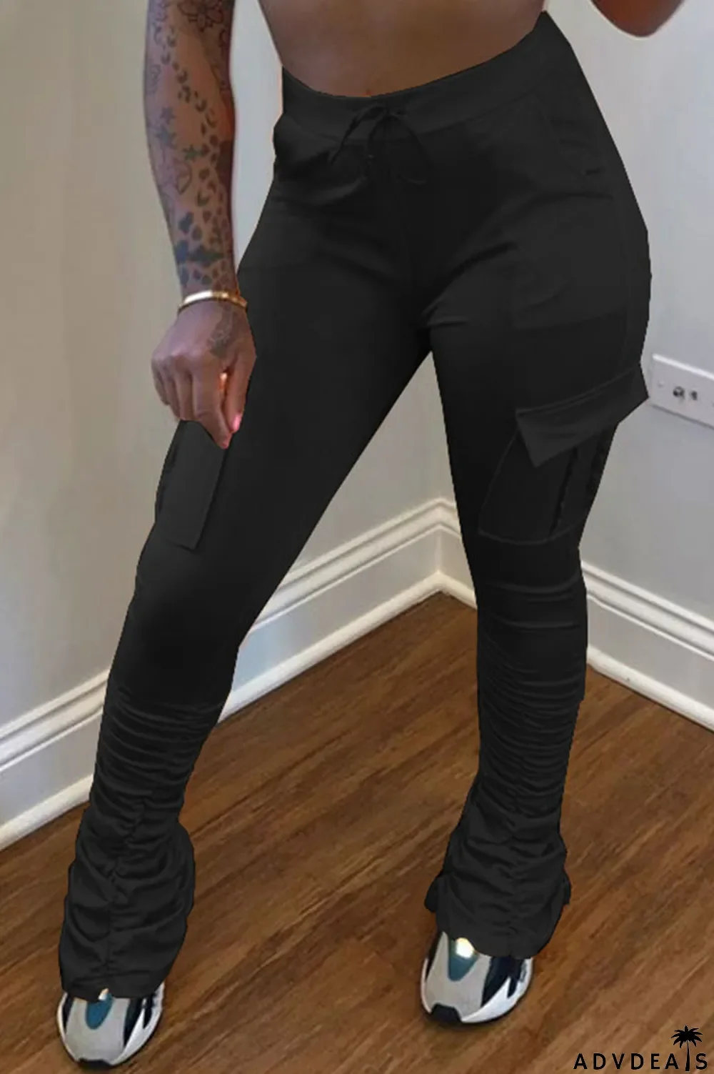 Orange Drawstring High Solid Pocket Draped Boot Cut Pants Bottoms