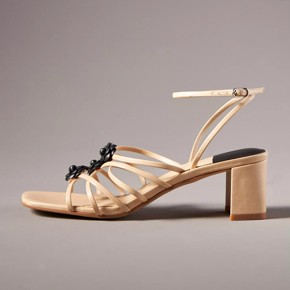 Beige Square Toe Chunky Heel Criss-Cross Ankle Strap Sandals Nicepairs