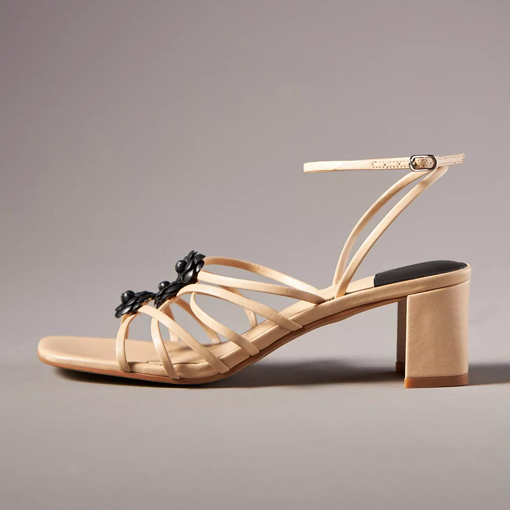 Beige Vegan Leather Opened Square Black Floral Inlay Criss-Cross Strappy Sandals With Chunky Heels Nicepairs